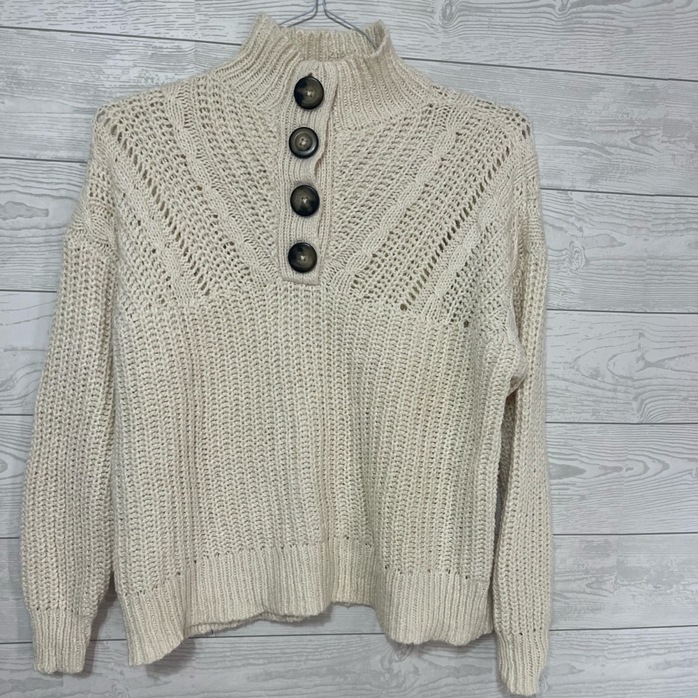 Aerie Cable Knit Soft Cream Button Sweater-Women’s Medium